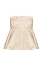 Natasha Zinko Embroidered Pompom Strapless Peplum Top