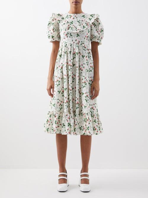 Batsheva - May Strawberry-print Cotton-poplin Dress - Womens - White Multi