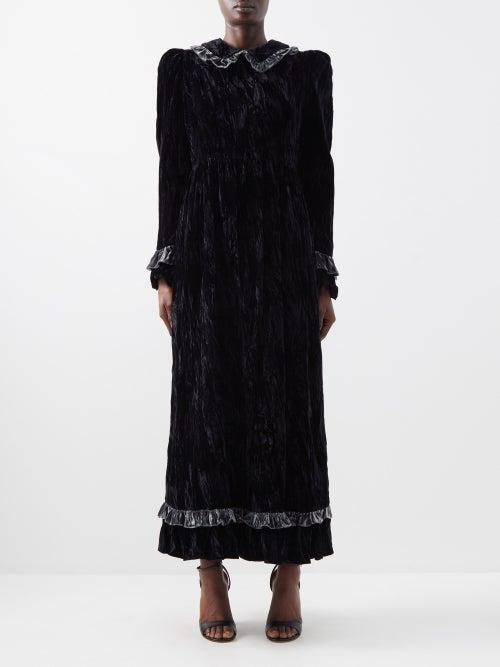 Batsheva - Ruth Ruffle-trimmed Crushed-velvet Midi Dress - Womens - Black