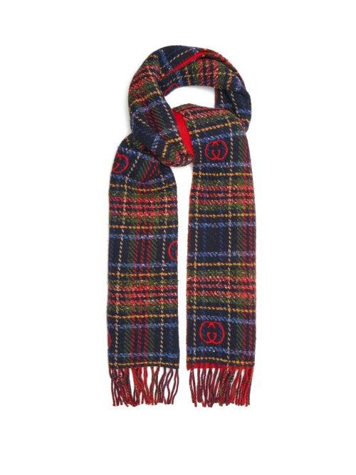 Mens Accessories Gucci - Gg-jacquard Checked Wool-blend Scarf - Mens - Red Multi
