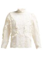 Matchesfashion.com Rebecca Taylor - Ruffled Floral Appliqu Cotton Blend Blouse - Womens - Ivory