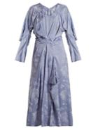 Matchesfashion.com Loewe - Floral Jacquard Draped Satin Dress - Womens - Light Blue
