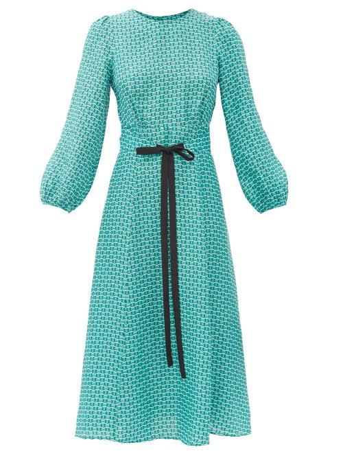 Matchesfashion.com Cefinn - Selma Geometric-print Twill Midi Dress - Womens - Green Multi