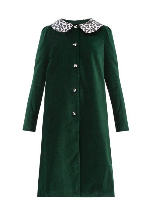 Matchesfashion.com Batsheva - Leopard Print Collar Cotton Velvet Swing Coat - Womens - Green