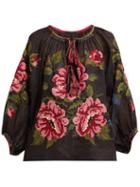 Matchesfashion.com Vita Kin - Rose Embroidered Balloon Sleeve Linen Blouse - Womens - Black Red