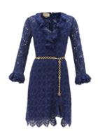 Gucci - Belted Floral-lace Mini Dress - Womens - Dark Blue