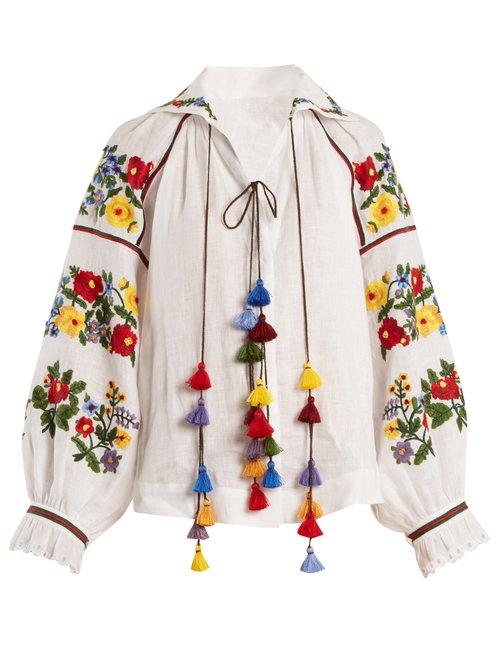 Matchesfashion.com Vita Kin - Boucl Embroidered Mid Weight Linen Blouse - Womens - White Multi