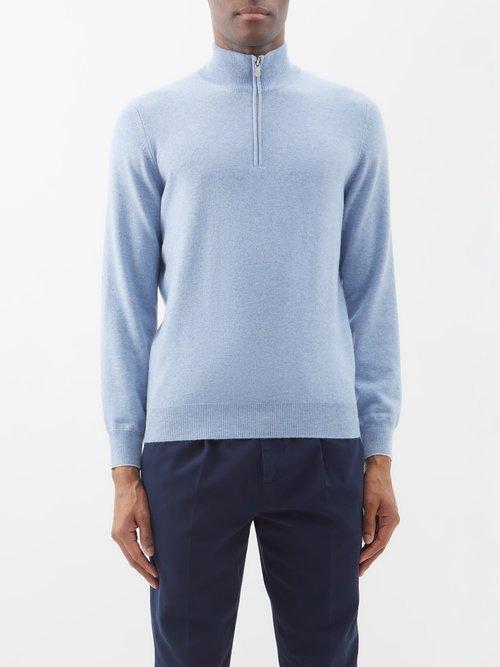 Brunello Cucinelli - Zipped High-neck Cashmere Sweater - Mens - Light Blue