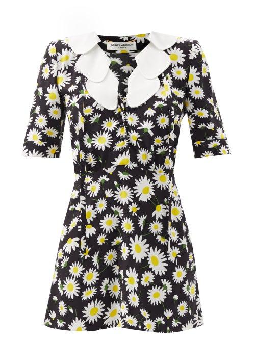 Matchesfashion.com Saint Laurent - Petal-collar Daisy-print Mini Dress - Womens - Black Multi