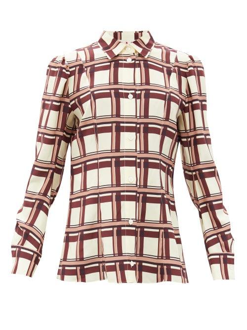 Matchesfashion.com Marni - Check-print Silk Blouse - Womens - Brown Multi