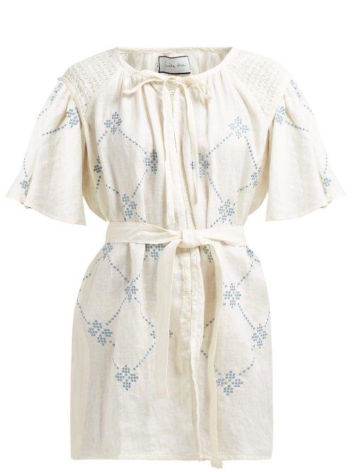 Matchesfashion.com Innika Choo - Geometric Embroidered Linen Mini Dress - Womens - Cream