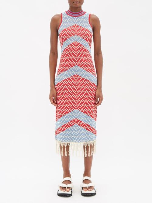Dodo Bar Or - Nia Geometric-jacquard Fringed-hem Midi Dress - Womens - Blue Multi