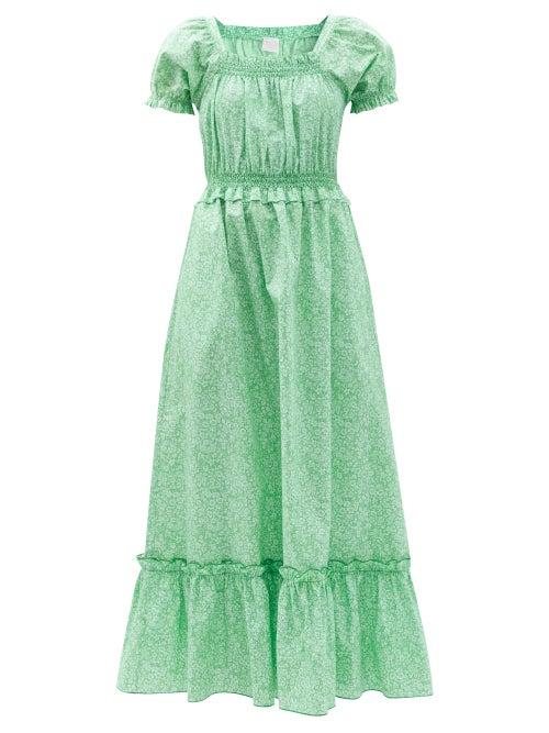 Ladies Beachwear Loretta Caponi - Stefania Floral-print Smocked Cotton Dress - Womens - Green
