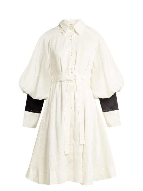Matchesfashion.com Aje - Bligh Balloon Sleeve Linen Blend Shirtdress - Womens - White Black