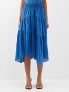 Frame - Asymmetric Shirred Cotton Midi Skirt - Womens - Blue