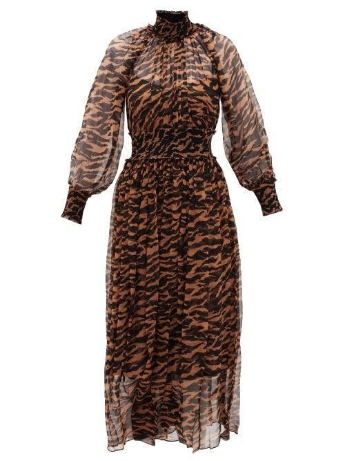 Matchesfashion.com Zimmermann - Wavelength Shirred Tiger-print Silk-chiffon Dress - Womens - Brown Print