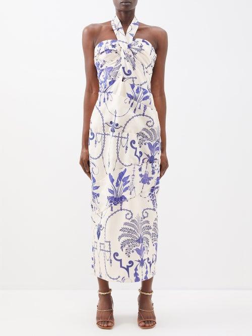 Johanna Ortiz - Botanical-print Lyocell Halterneck Midi Dress - Womens - White Blue