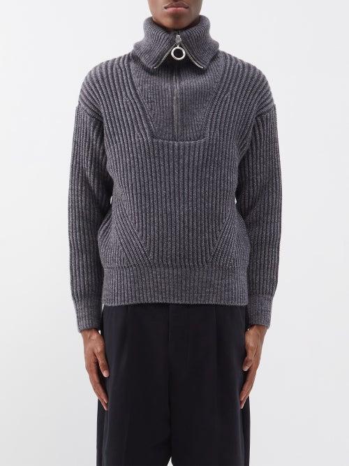 Ami - Quarter-zip Ribbed Wool Sweater - Mens - Dark Grey