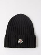 Moncler - Logo-patch Ribbed-knit Wool-blend Beanie Hat - Womens - Black