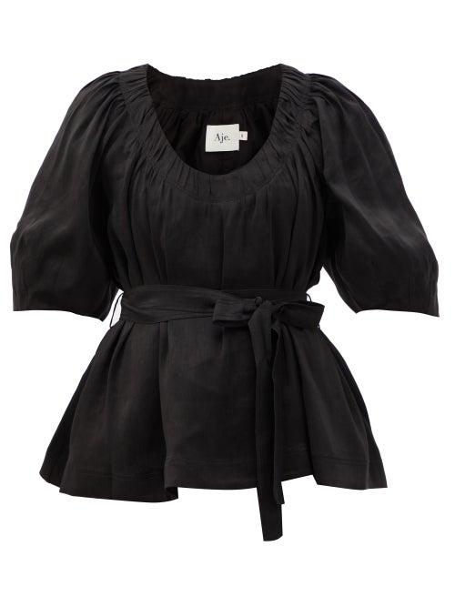 Matchesfashion.com Aje - Psychedelia Belted Linen-blend Blouse - Womens - Black