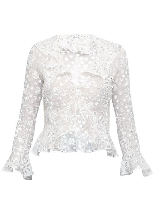 Saint Laurent - Broderie-angalise Ruffled Voile Blouse - Womens - White