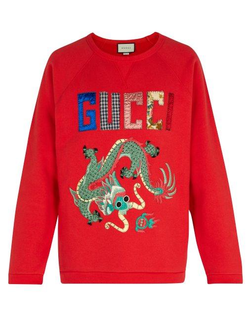 Matchesfashion.com Gucci - Dragon Appliqu Cotton Sweatshirt - Mens - Red