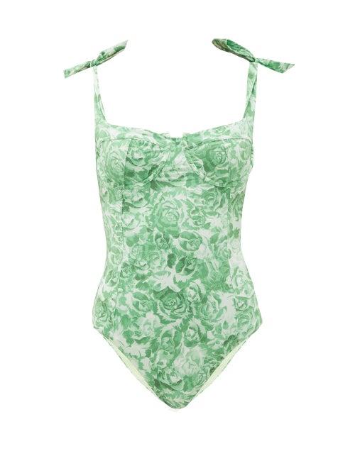 Matchesfashion.com Ganni - Bow-strap Floral-print Swimsuit - Womens - Green Print