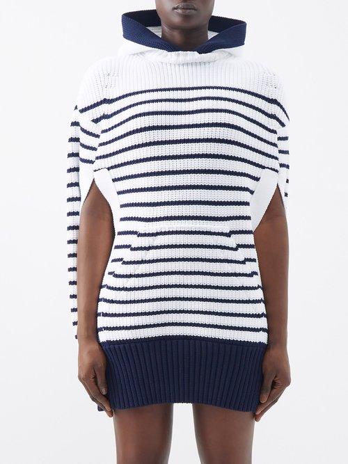 Sacai - Striped Hooded Cape Sweater - Womens - White Black