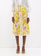 Zimmermann - High Tide Rickrack Floral-print Linen Pencil Skirt - Womens - White Yellow Multi