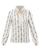 Matchesfashion.com La Prestic Ouiston - Montin Pussy-bow Good Luck-print Silk Blouse - Womens - White Black