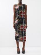 Molly Goddard - Tullia Ruffled Floral-print Mesh Midi Dress - Womens - Black Multi