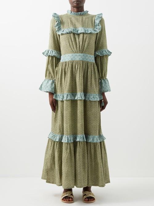 D'ascoli - Pema Ruffle-trimmed Cotton-khadi Maxi Dress - Womens - Green Print