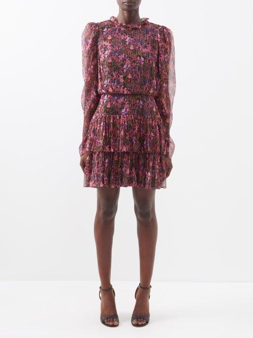 Saloni - Ava-b Floral-print Silk-blend Chiffon Mini Dress - Womens - Pink Multi