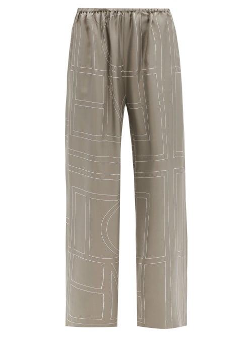 Ladies Rtw Totme - Logo-embroidered Silk-satin Wide-leg Trousers - Womens - Mid Grey