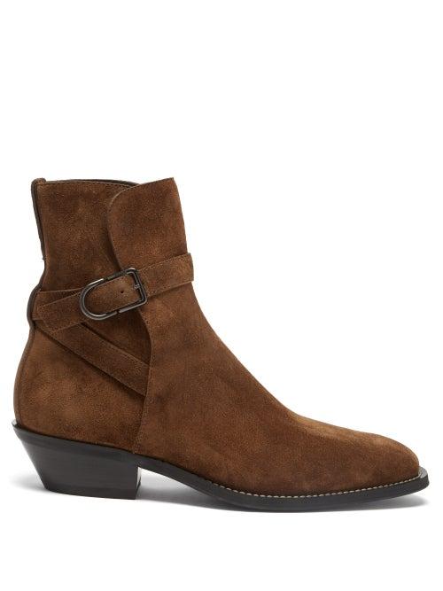 Tod's - Buckled Cuban-heel Suede Boots - Mens - Dark Brown