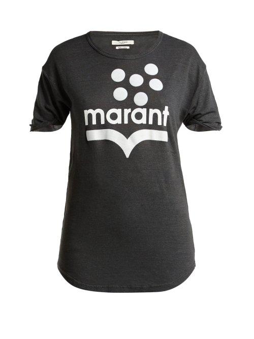 Matchesfashion.com Isabel Marant Toile - Koldia Logo Print Slub Linen T Shirt - Womens - Black White