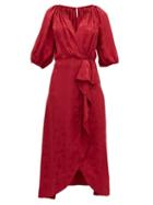 Matchesfashion.com Saloni - Olivia Wrap Front Silk Blend Jacquard Midi Dress - Womens - Burgundy