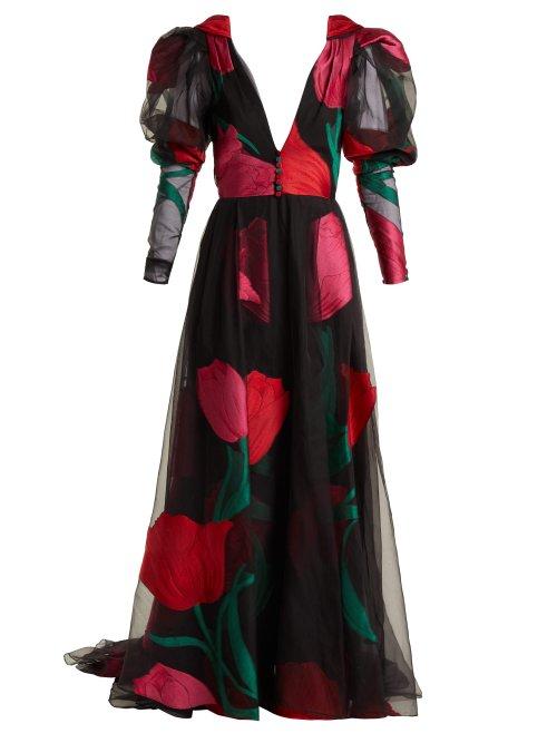 Matchesfashion.com Carolina Herrera - Floral Fil Coup Organza Gown - Womens - Black Red