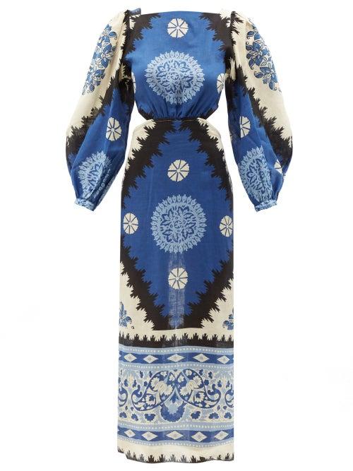 Johanna Ortiz - Glorious Rivers Floral-print Linen Dress - Womens - Blue White