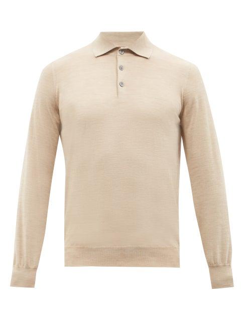 Brunello Cucinelli - Virgin Wool-blend Long-sleeved Polo Shirt - Mens - Beige