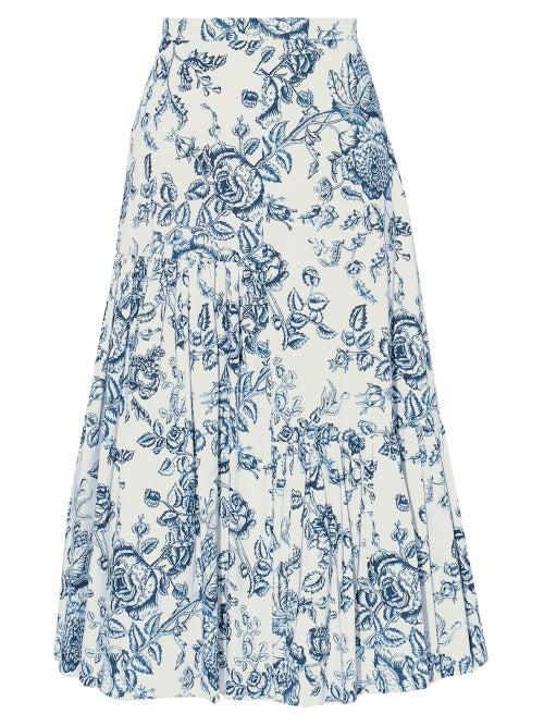 Matchesfashion.com Erdem - Gaura Toile De Jouy-print Poplin Pleated Skirt - Womens - Blue Multi