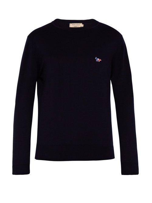 Matchesfashion.com Maison Kitsun - Fox Appliqu Virgin Wool Sweater - Mens - Navy