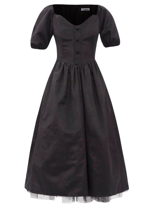 Ladies Rtw Batsheva - Minnie V-neck Tulle-lined Moir Dress - Womens - Black