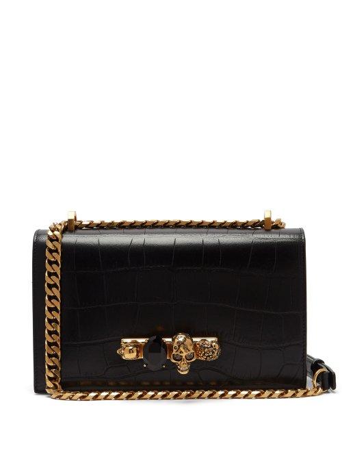 Matchesfashion.com Alexander Mcqueen - Jewelled Crocodile Effect Leather Shoulder Bag - Womens - Black