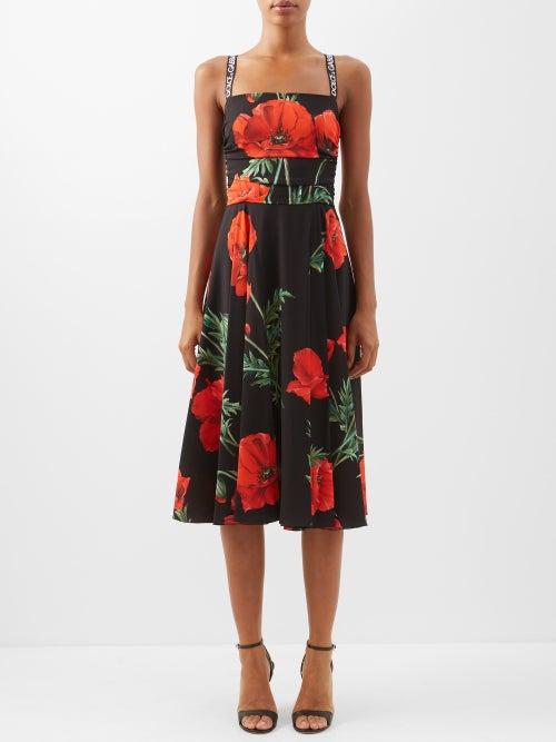 Dolce & Gabbana - Square-neck Poppy-print Stretch-silk Dress - Womens - Black Red