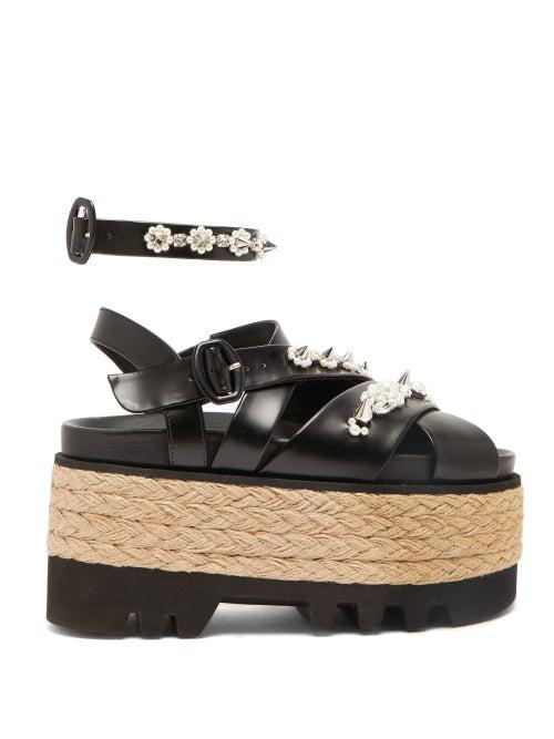 Matchesfashion.com Simone Rocha - Embellished Leather Espadrille Flatform Sandals - Womens - Black