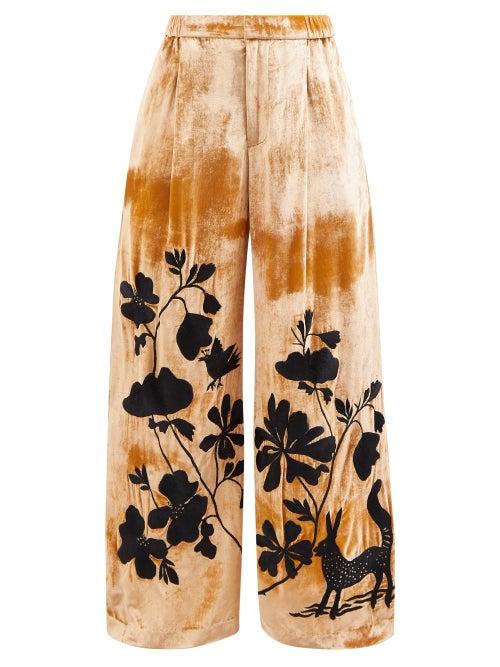 Biyan - Francces Embroidered Velvet Trousers - Womens - Brown Multi