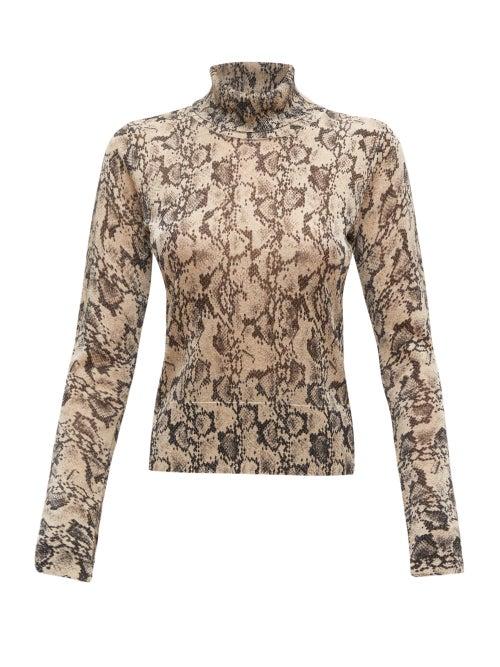 Matchesfashion.com Altuzarra - Lexia Python-print Roll-neck Lam Sweater - Womens - Beige