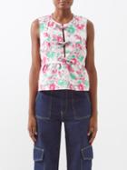 Ganni - Tie-front Floral Floral-jacquard Top - Womens - Pink Green