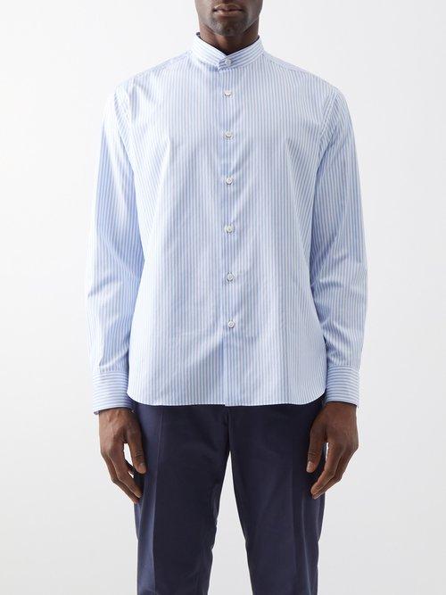 Brioni - Stand-collar Striped Cotton-poplin Shirt - Mens - Blue Multi